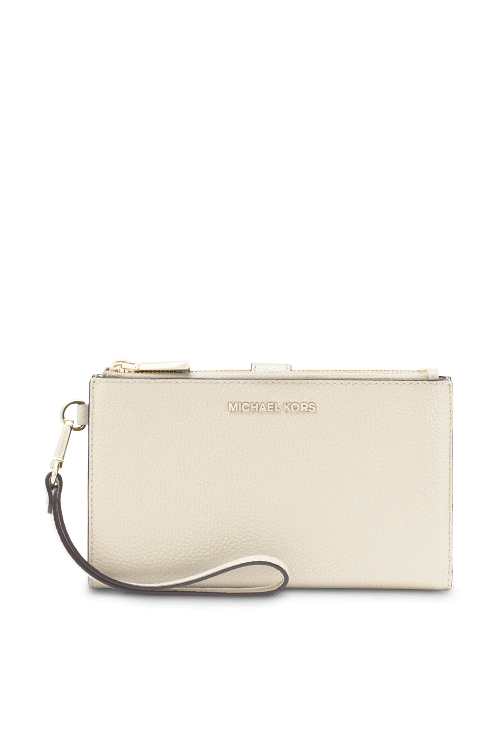 תמונה קידמית של ארנק מעור שמנת עם רצועת אחיזה