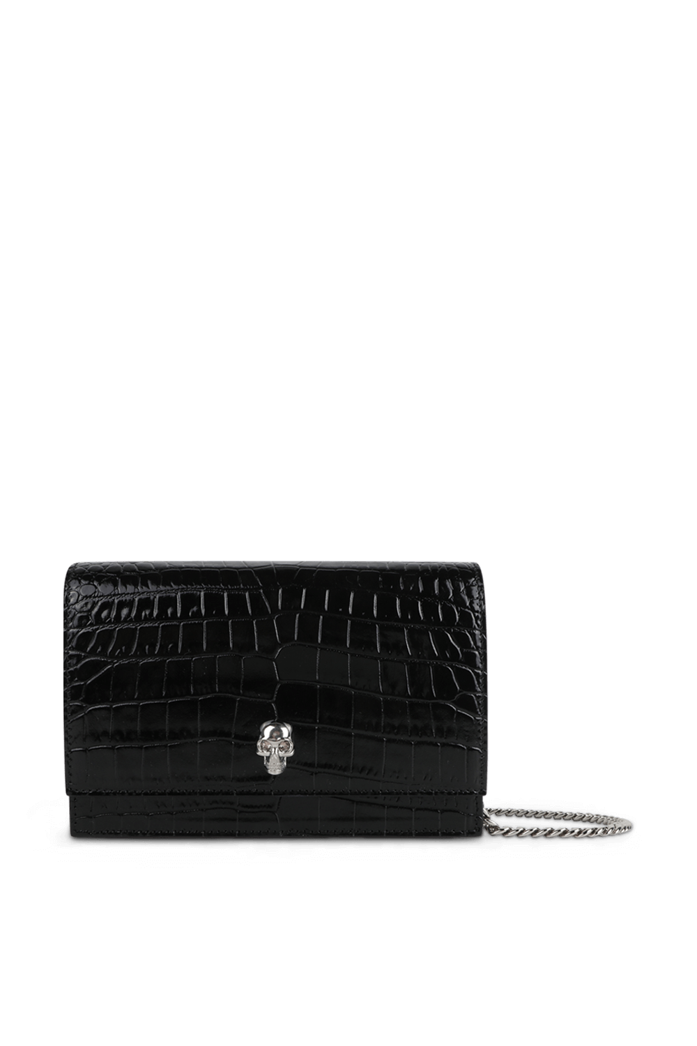 תמונה קידמית של תיק גולגולת שחור בגודל קטן