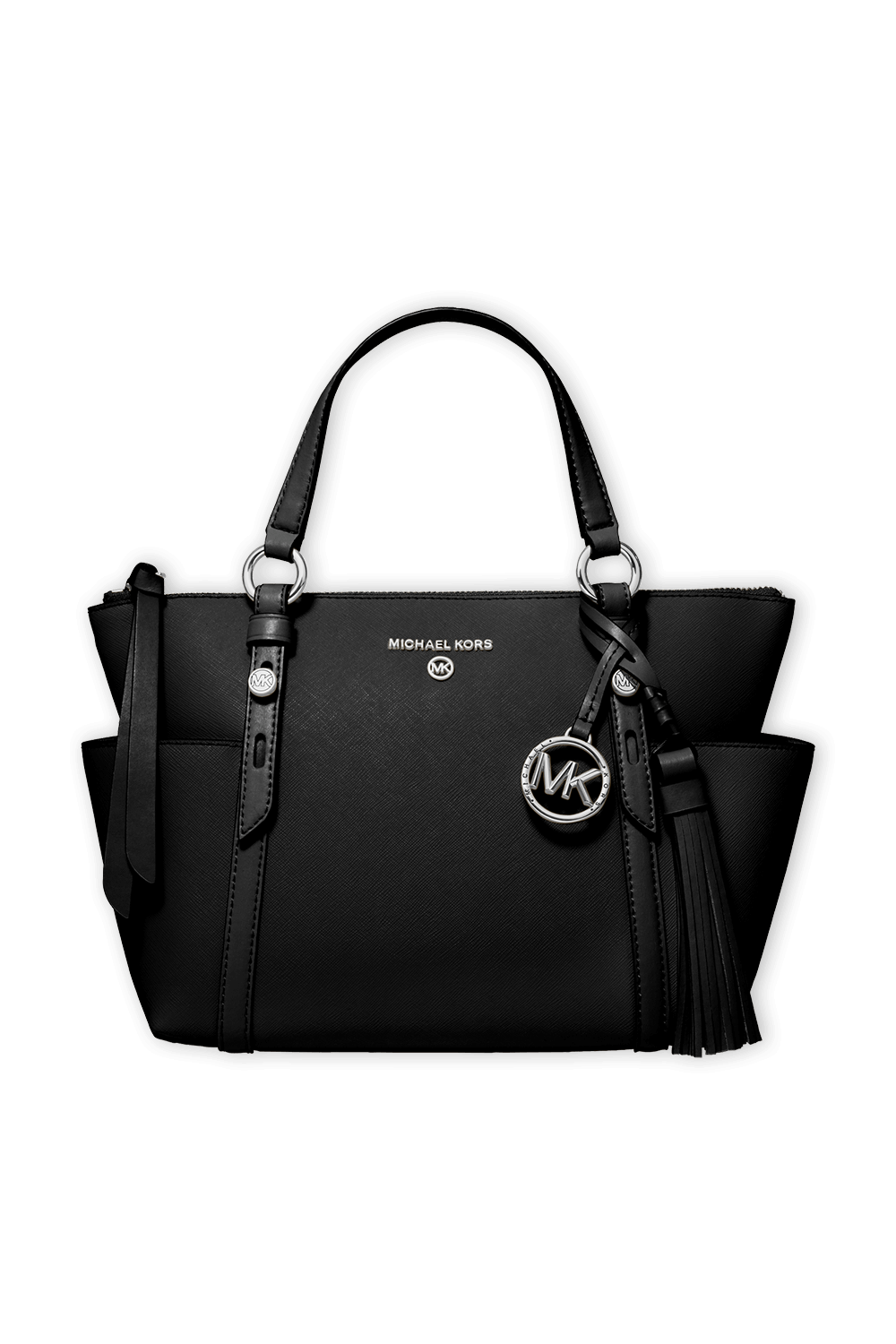 תמונה קידמית של תיק נשיאה נומד שחור מעור עם אלמנטים כסופים