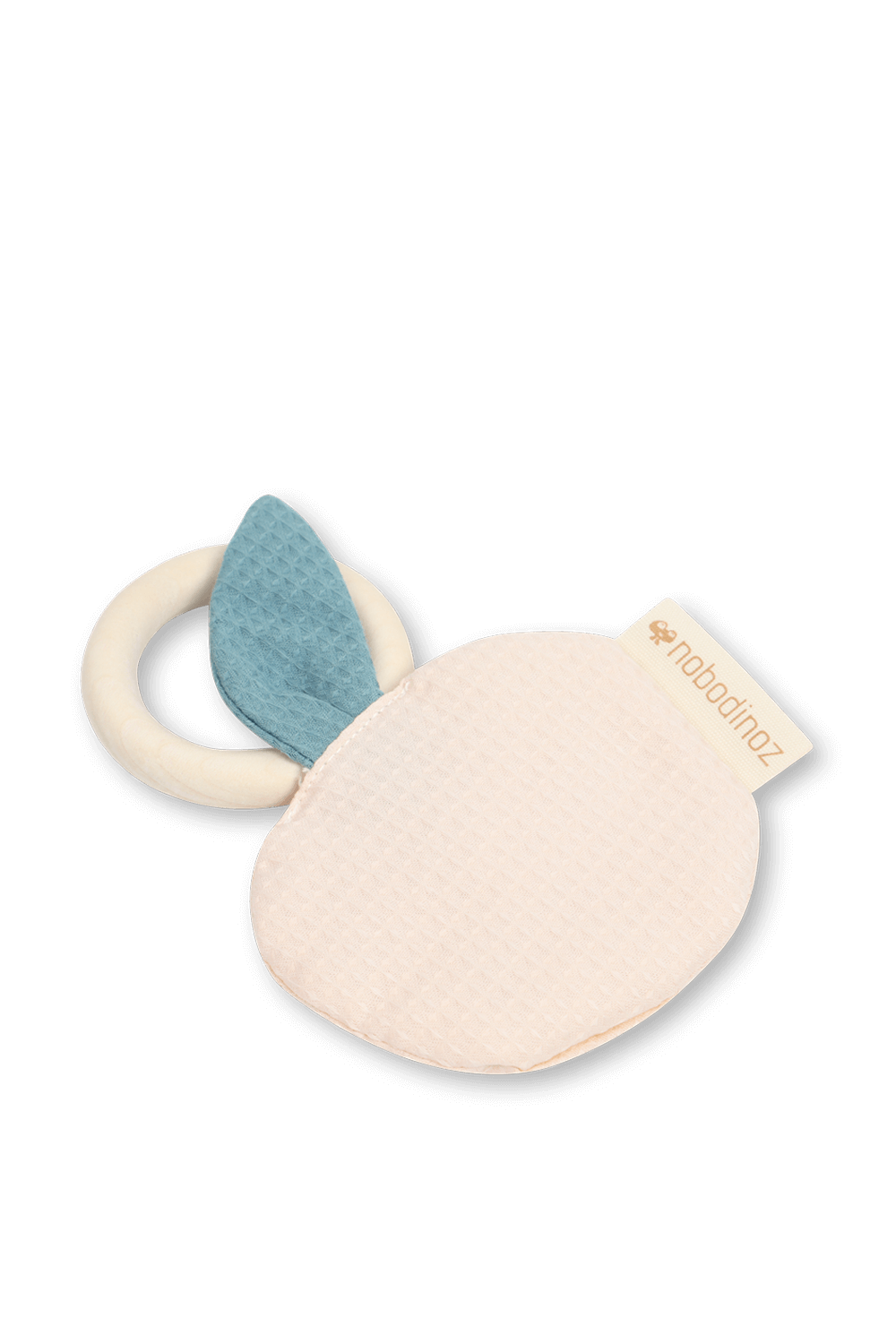 תמונה אחורית של טבעת נשיכה המחוברת לבובת תפוח בגווני ורוד וירוק