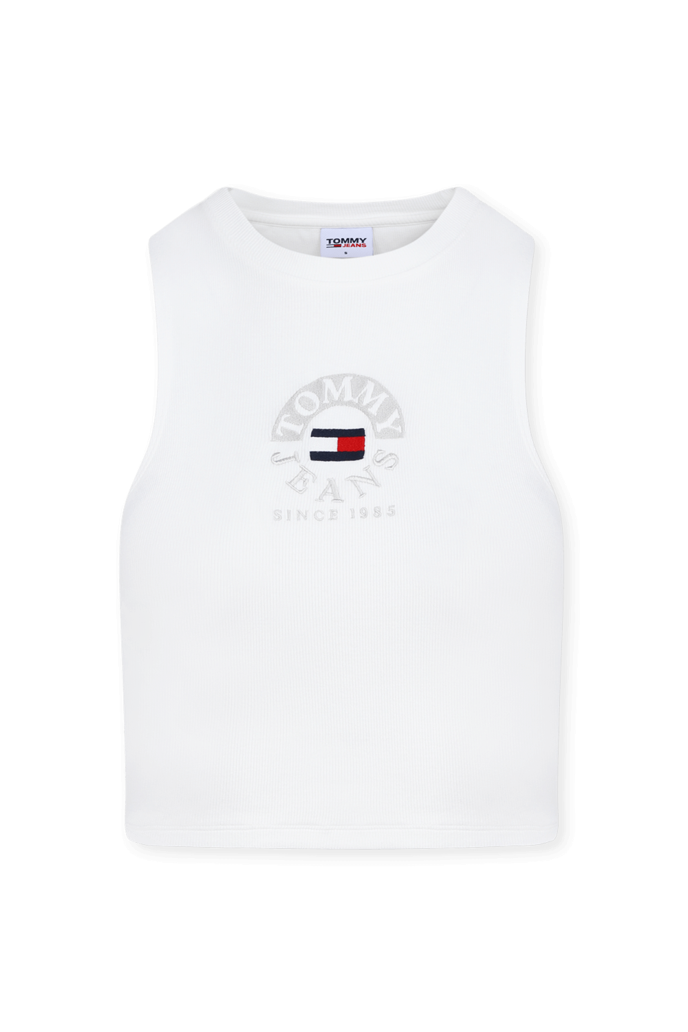 תמונה קידמית של גופיית קרופ לבנה עם לוגו