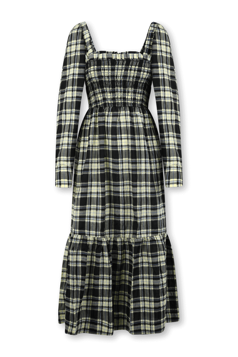 תמונה קידמית של שמלת מקסי משובצת עם שרוולים ארוכים