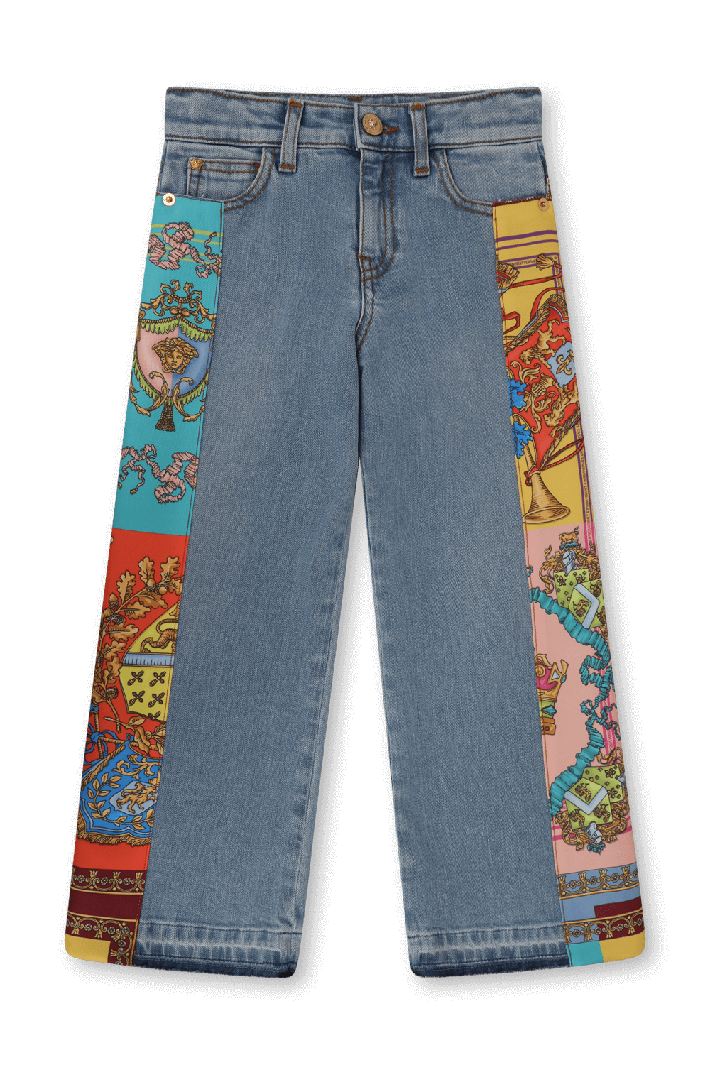 תמונה קידמית של גילאי 4-6 מכנסי ג'ינס מתרחבים עם פאץ' וינטג' צבעוני