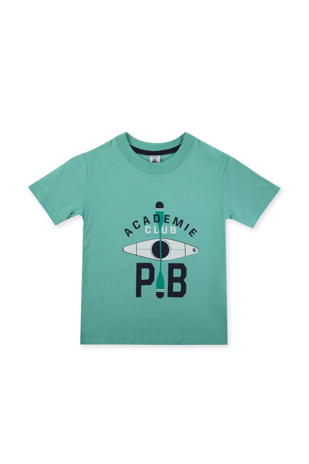 תמונה קידמית של גילאי 3-5 חולצת טי ירוקה עם לוגו והדפס סירה