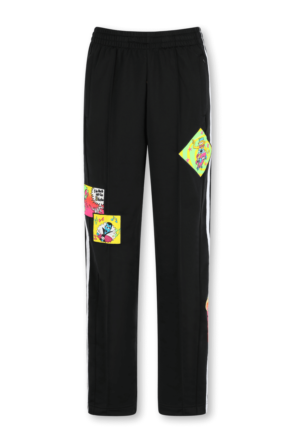 תמונה קידמית של ג'רמי סקוט לאדידס מכנסי ג'וג עם פאצ'ים צבעוניים בצבע שחור