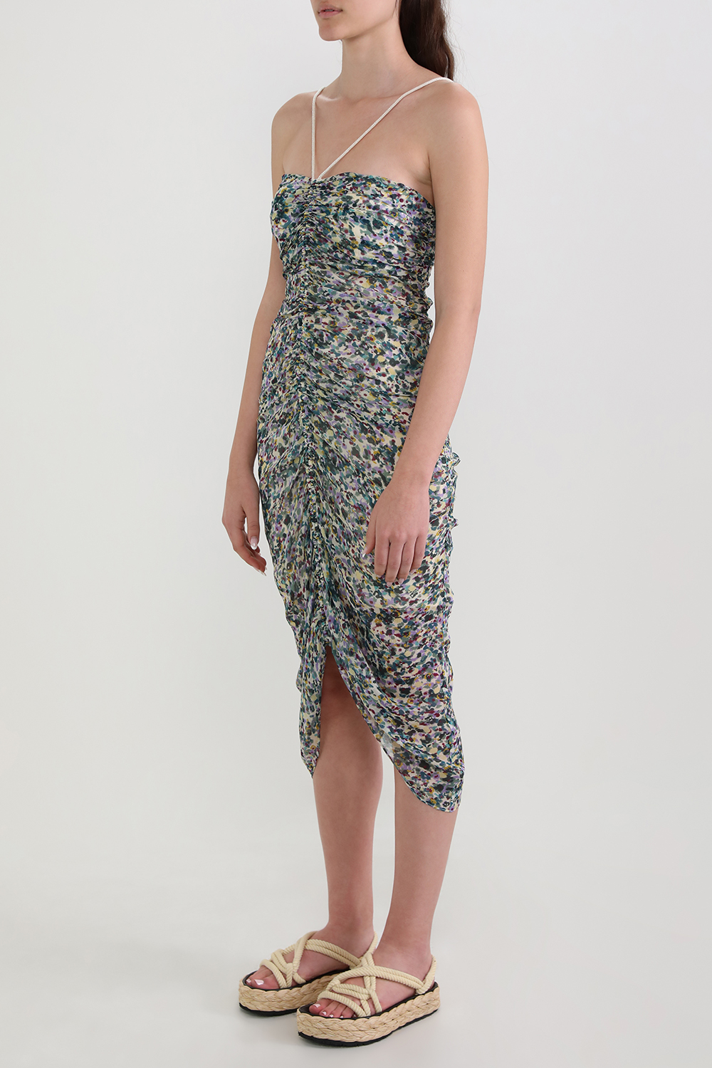 תמונת דוגמן קידמית של שמלת מידי פרחונית עם רצועות