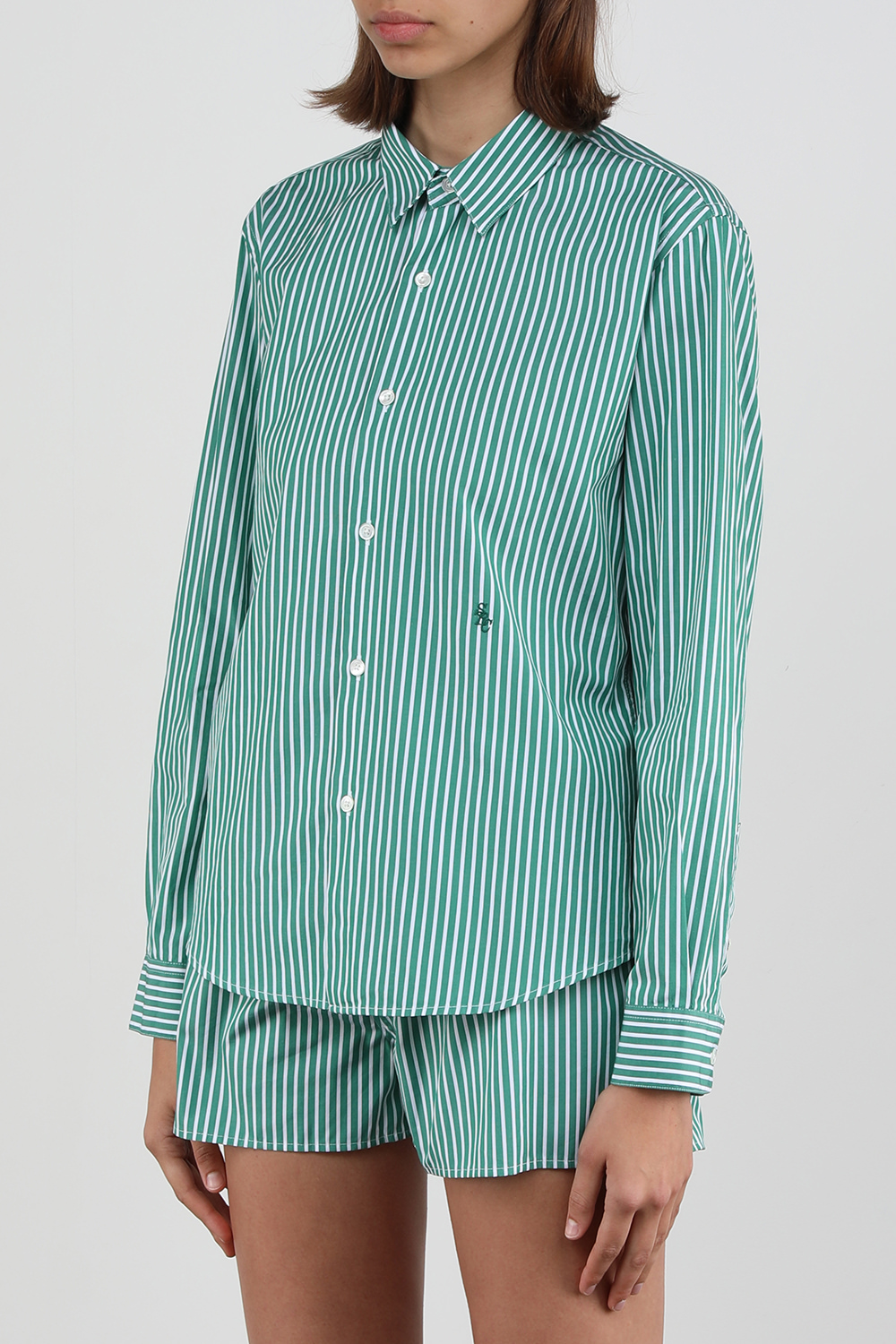 תמונת דוגמן קידמית של חולצה מכופתרת עם הדפס פסים בגווני ירוק ולבן