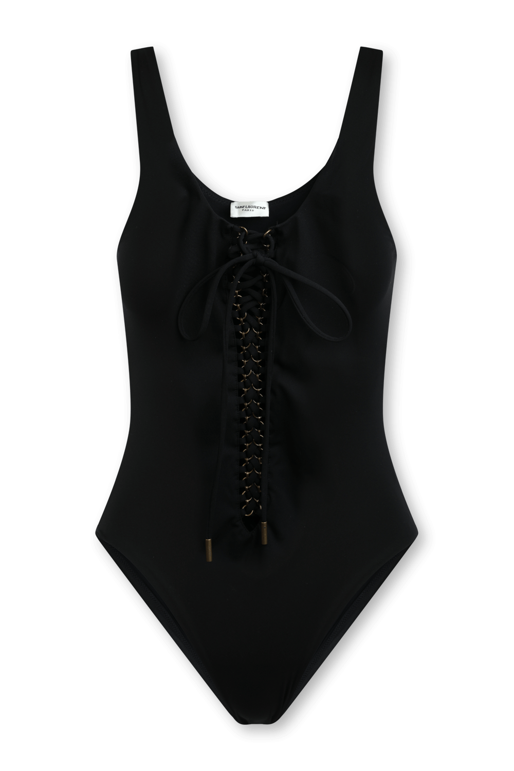 תמונה קידמית של בגד ים שחור עם קשירת שרוכים