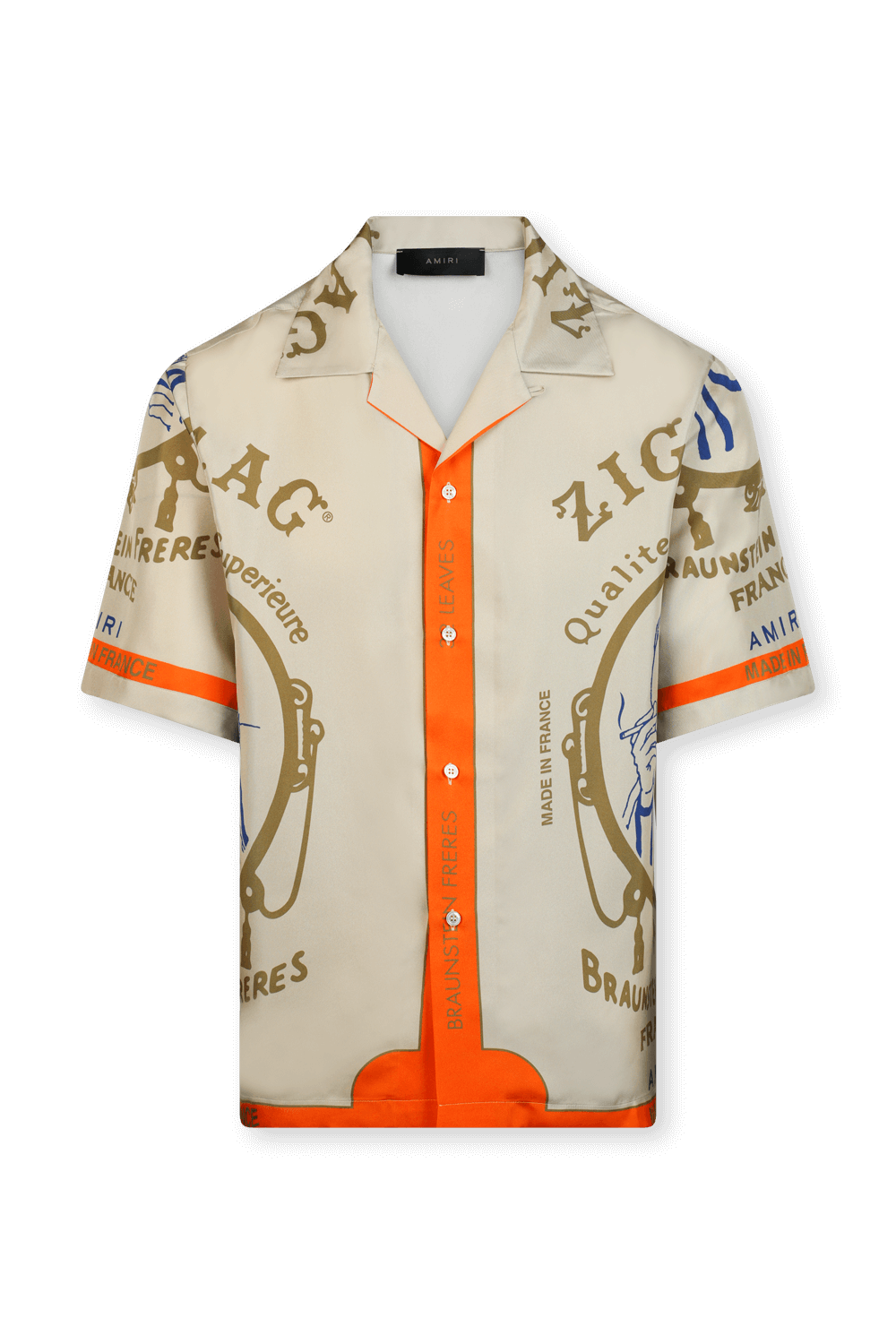 תמונה קידמית של חולצה מכופתרת קצרה בגווני בז' וכתום עם הדפס