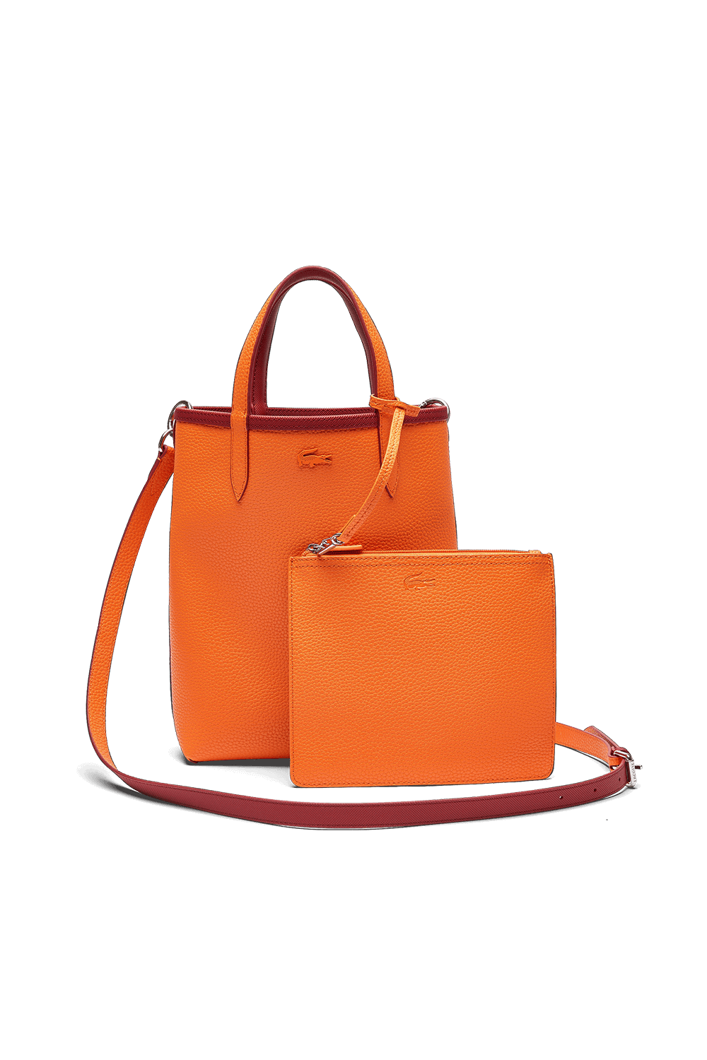 תמונה קידמית של תיק נשיאה כתום עם פאוץ' תואם