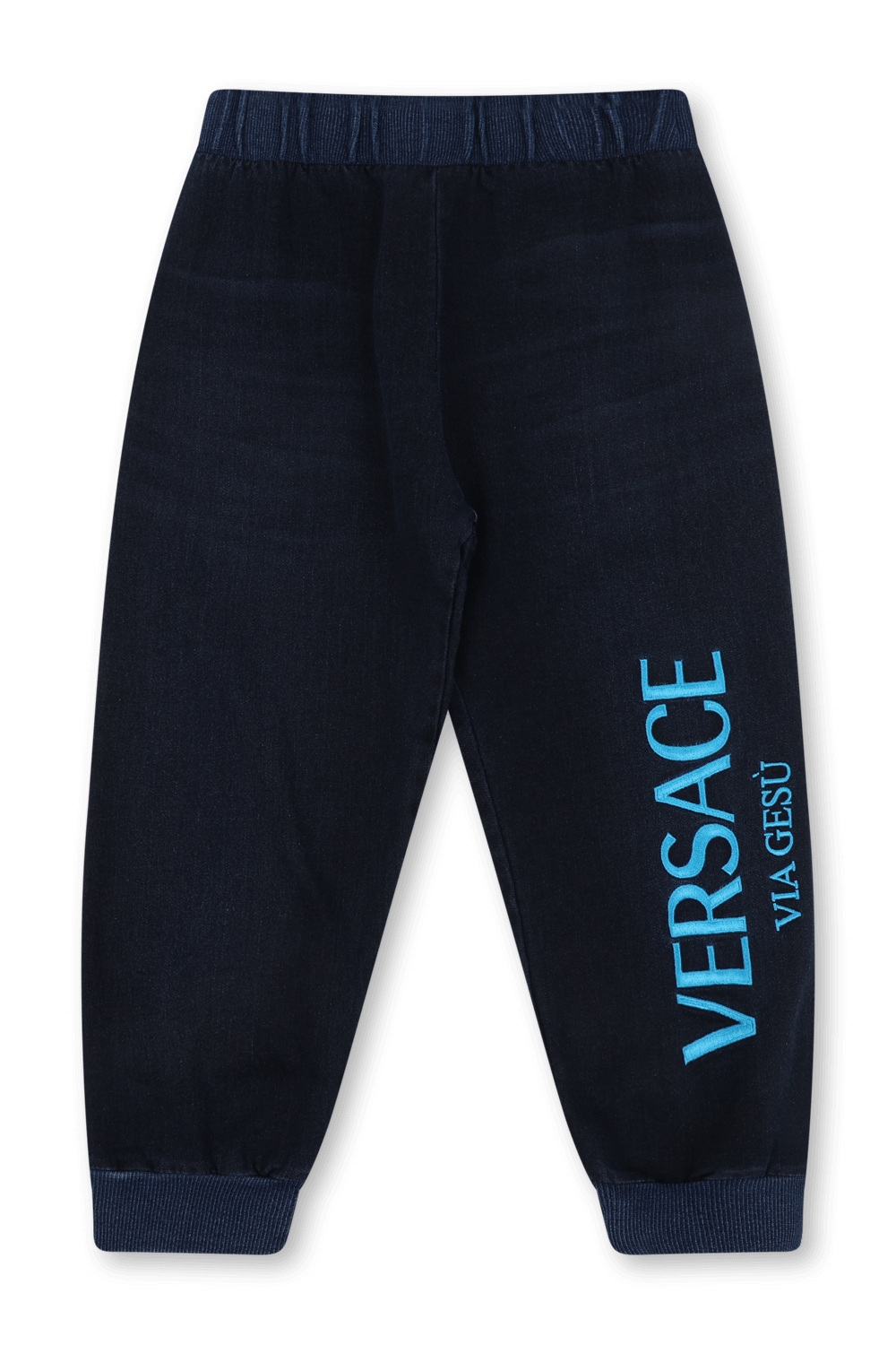 גילאי 8-14 מכנסיים ארוכים כחולים עם לוגו רקום VERSACE KIDS