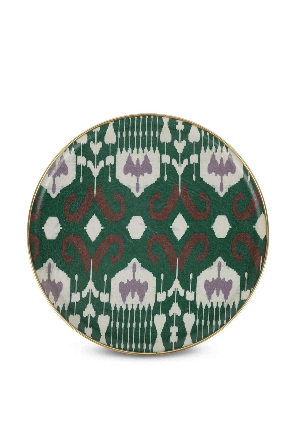 תמונה קידמית של מגש פייברגלאס עגול עם הדפס גראפי ירוק