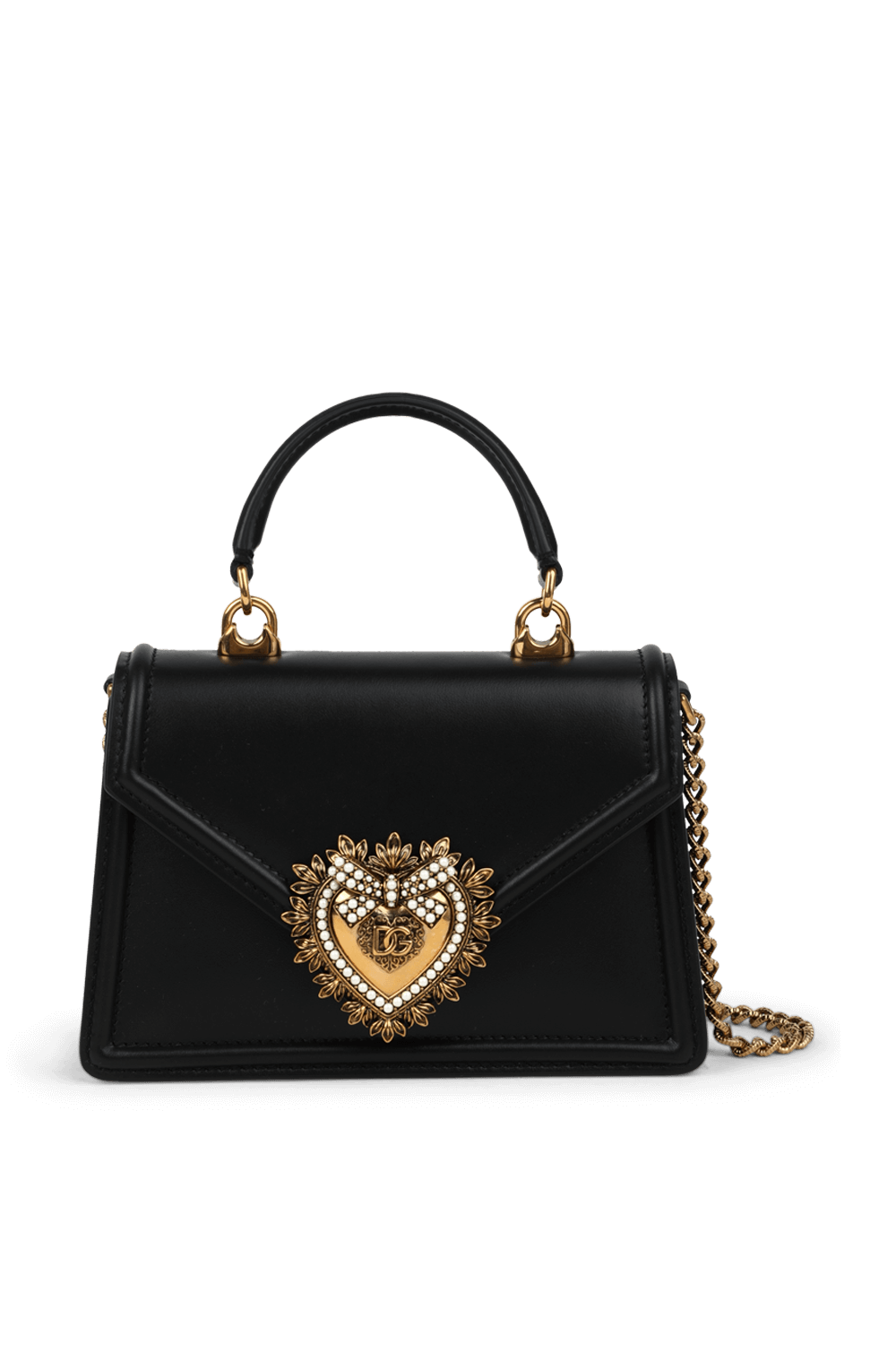 תמונה קידמית של תיק קטן מעור עם אבזם לב מטאלי