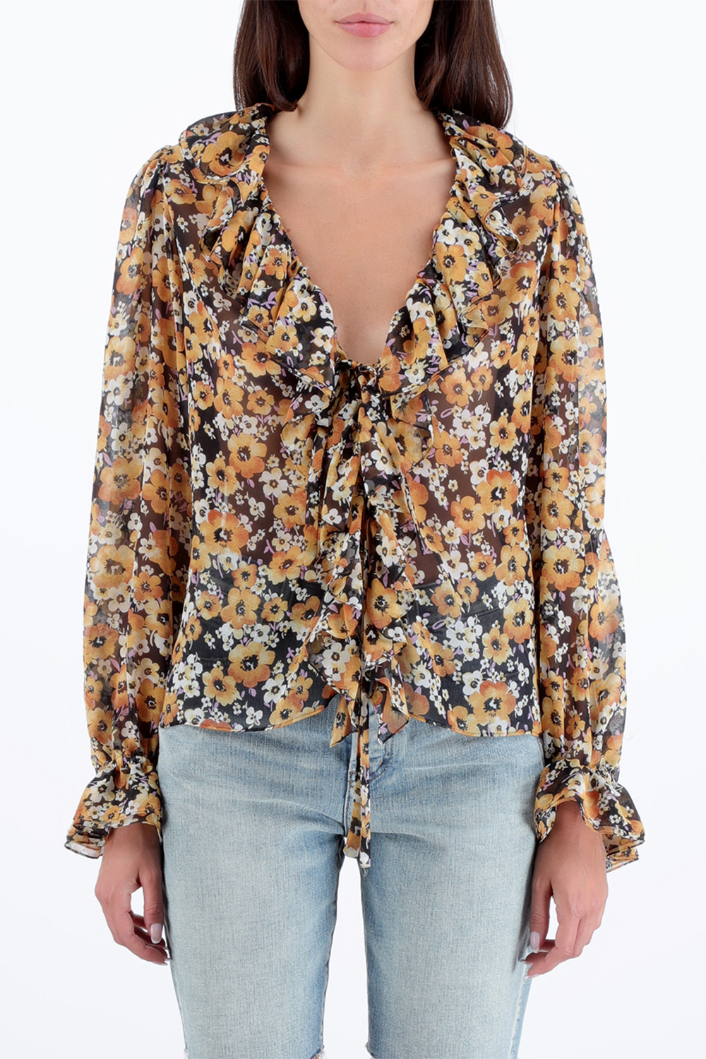 Frilled Tie Blouse in Floral Silk Georgette image number null SAINT LAURENT
