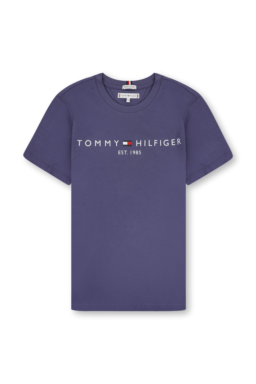 תמונה קידמית של גילאי 8-14 חולצת טי סגולה עם דפוס לוגו בחזה