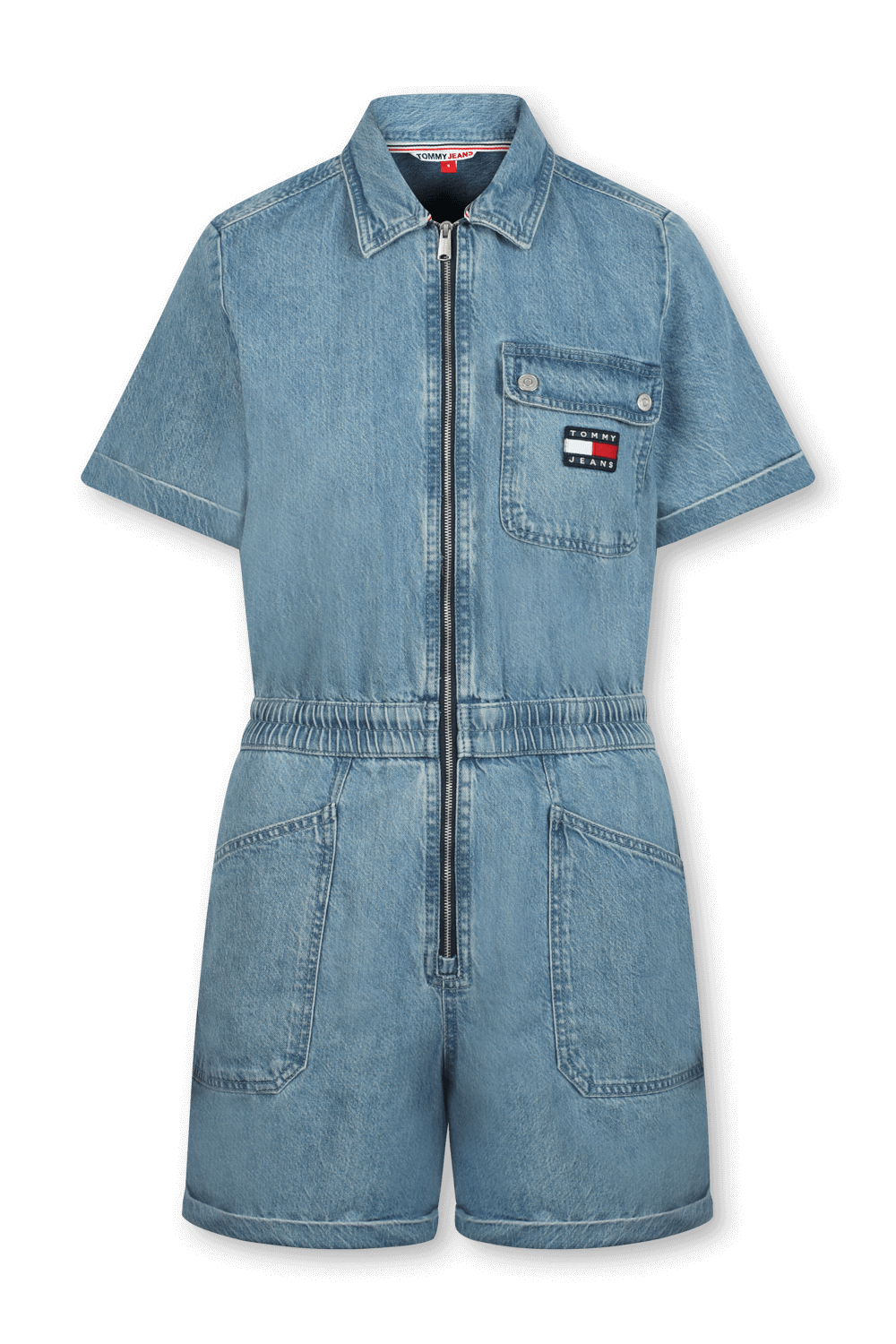 תמונה קידמית של אוברול גינס קצר עם רוכסן בגוון כחול