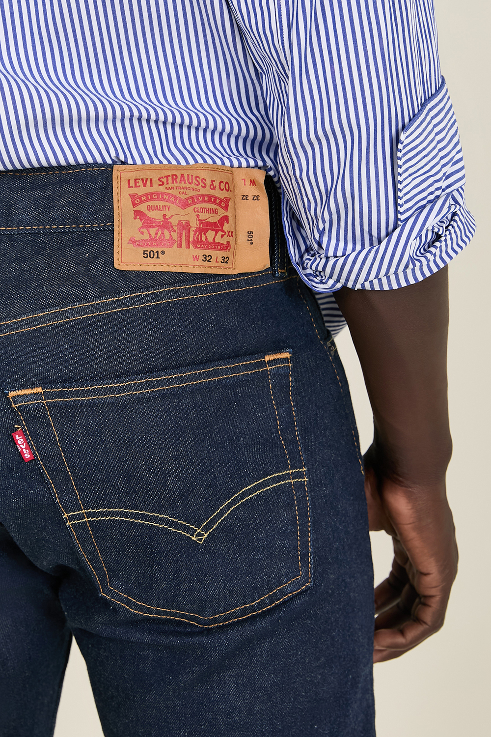 תמונת תקריב דוגמן של מכנסי ג'ינס 501