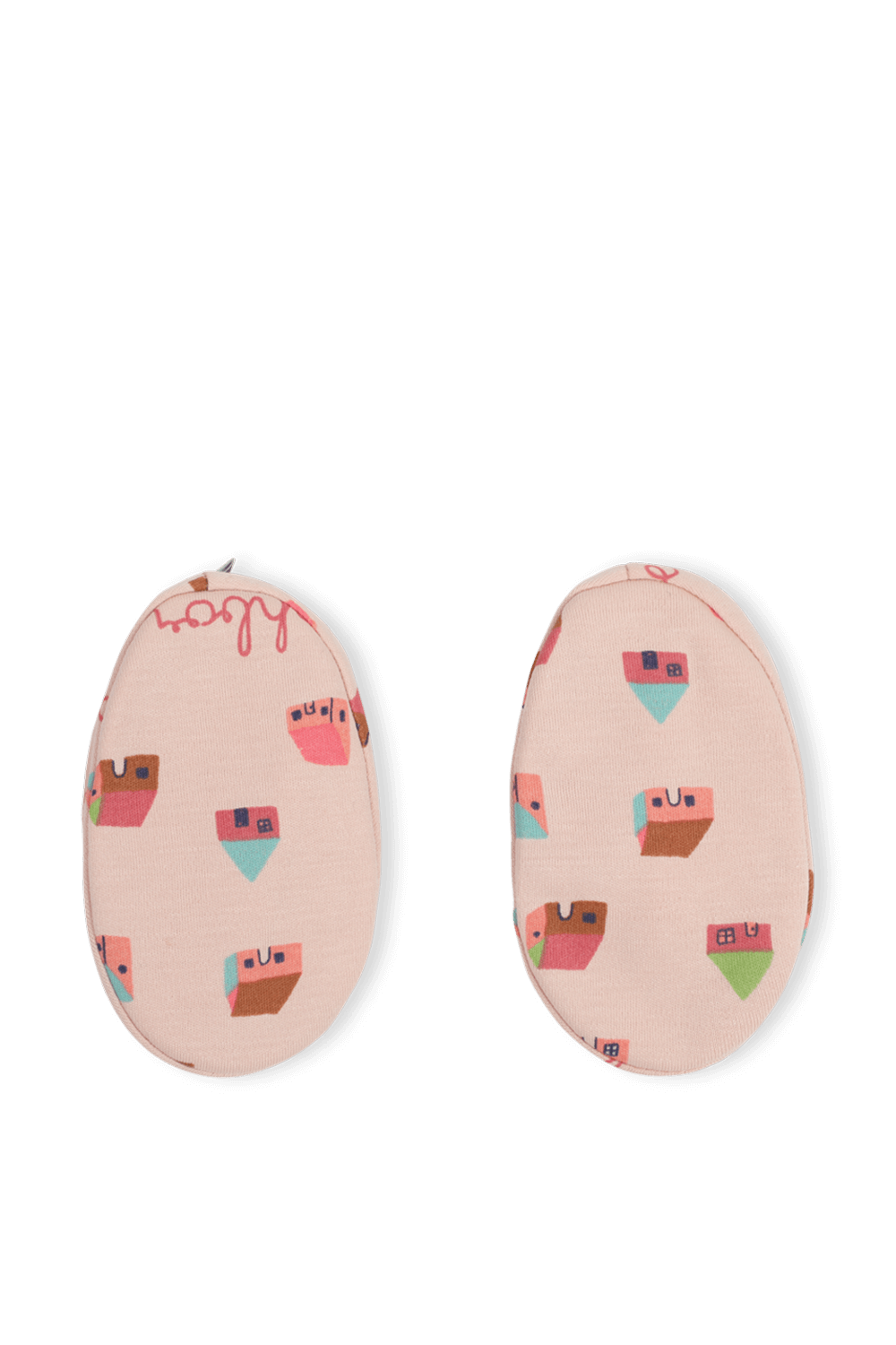 תמונה אחורית של נעליים לתינוקות עם הדפס בתים ססגוני בגוון ורוד