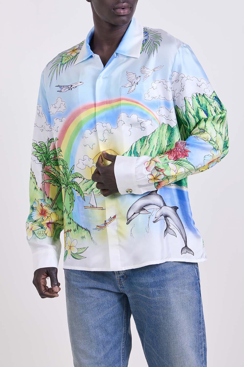 תמונת דוגמן קידמית של חולצת משי כפתורים ארוכה