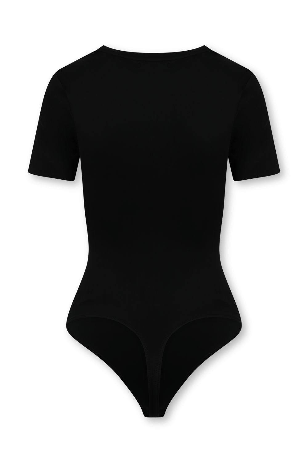 תמונה אחורית של בגד גוף שחור עם שרוולים קצרים