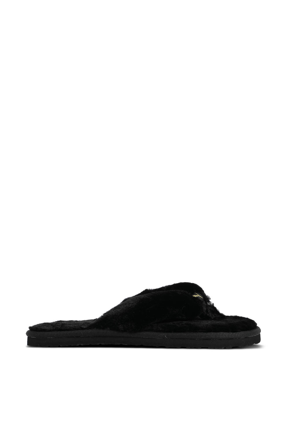 תמונה קידמית של כפכפים דמוי פרווה בגוון שחור