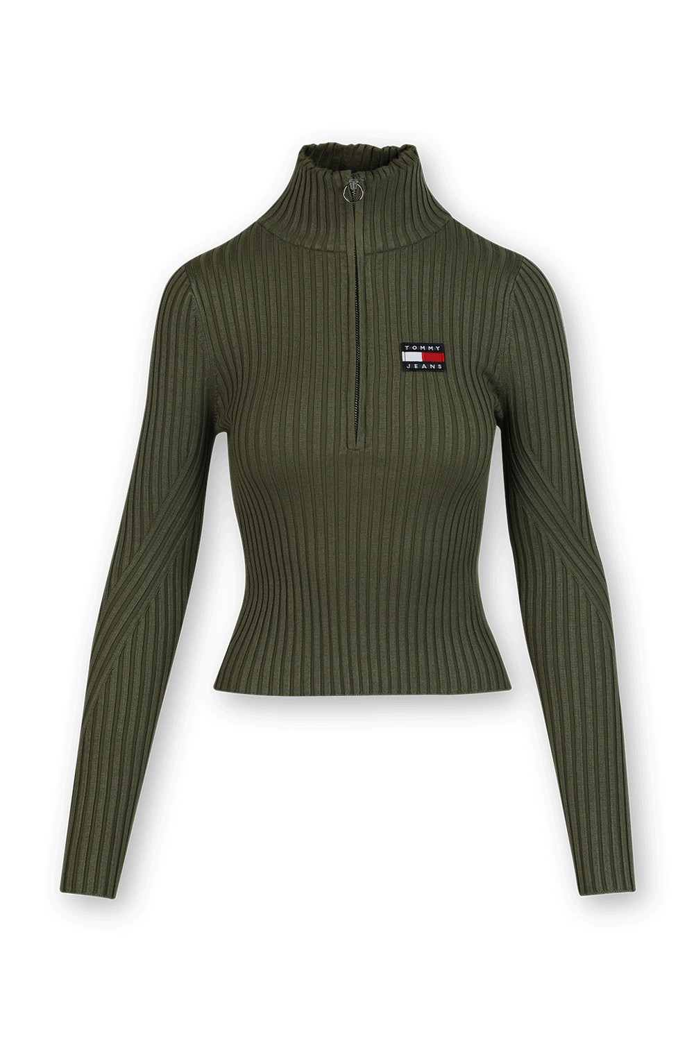 תמונה קידמית של סוודר בסריגת ריב עם רוכסן בצבע ירוק