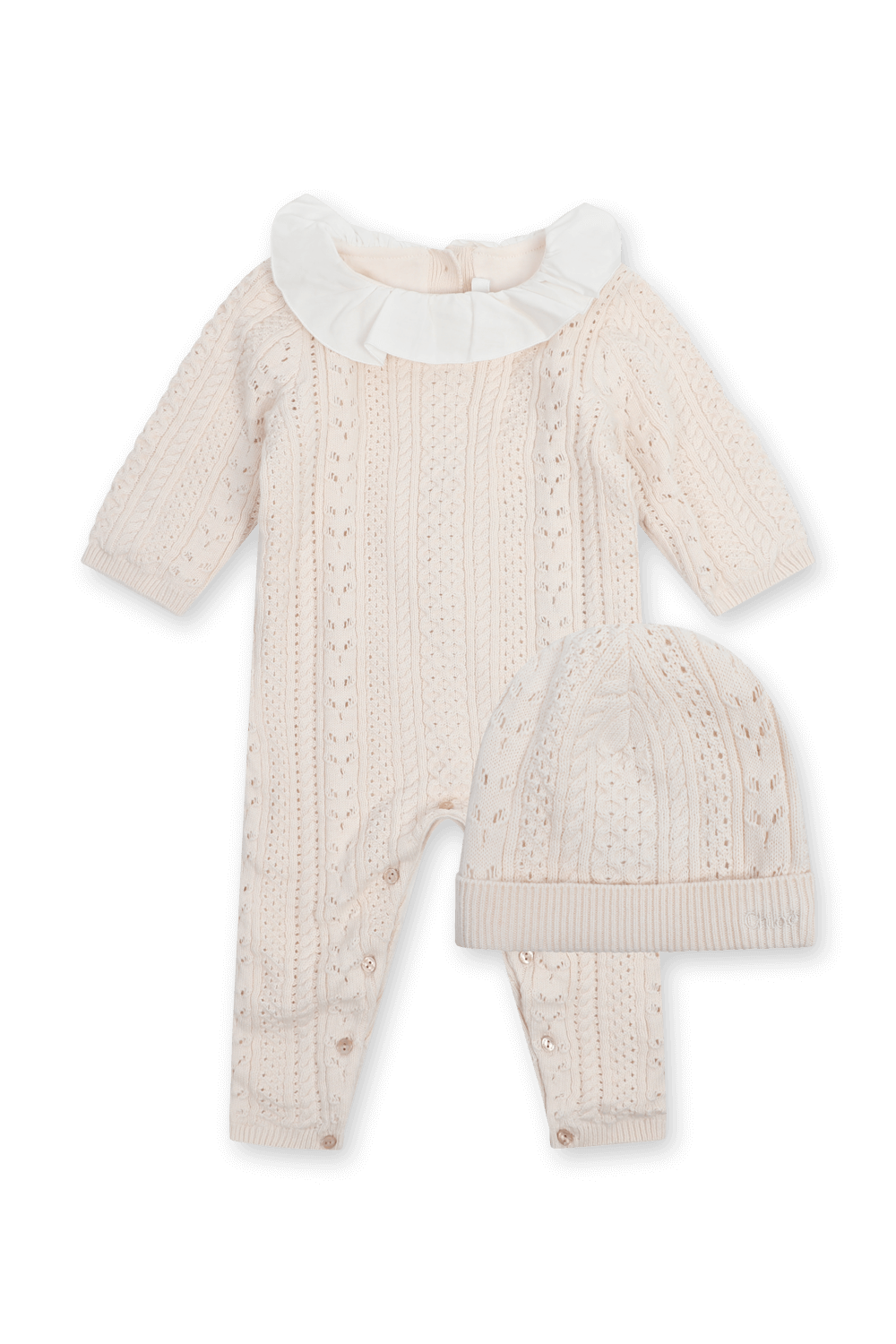 תמונה קידמית של מארז אוברול וכובע סרוגים - גילאי 1-18 חודשים