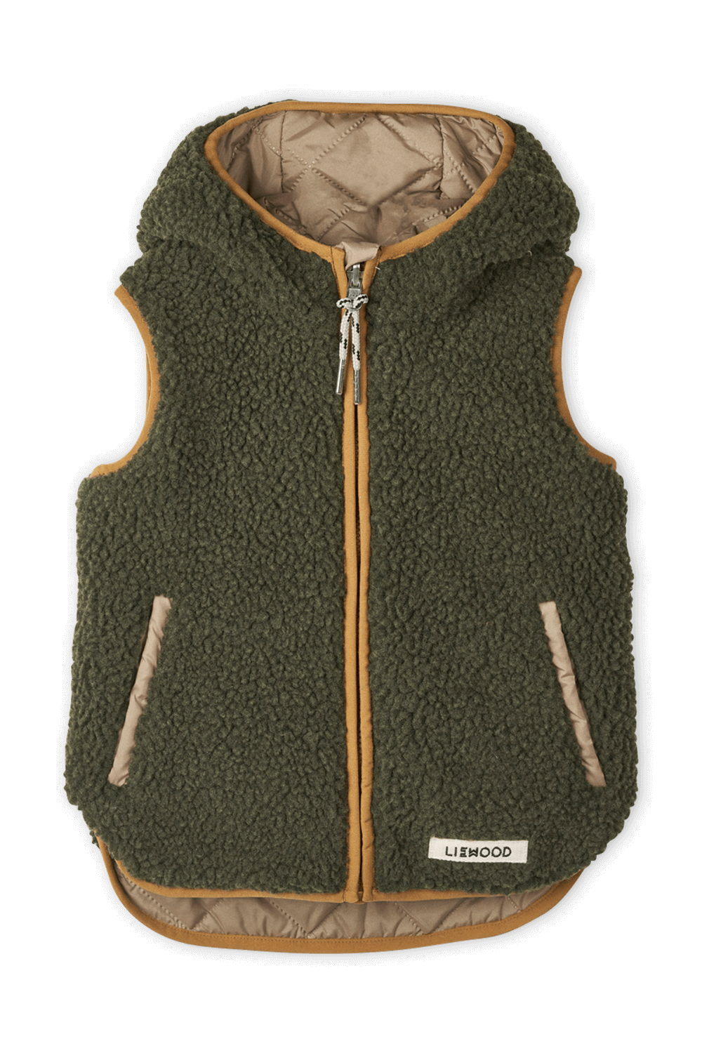 תמונת תקריב של גילאי 1-9 מעיל וסט דיאנה דו צדדי קווילט בגווני חום וירוק