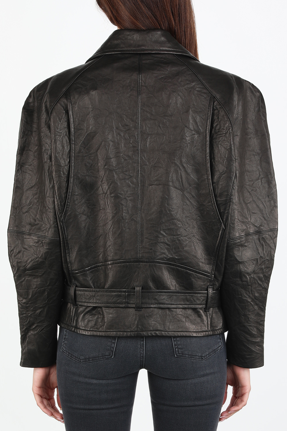 תמונת דוגמן אחורית של Kabuki Oversized Puff Sleeve Leather Jacket In Black