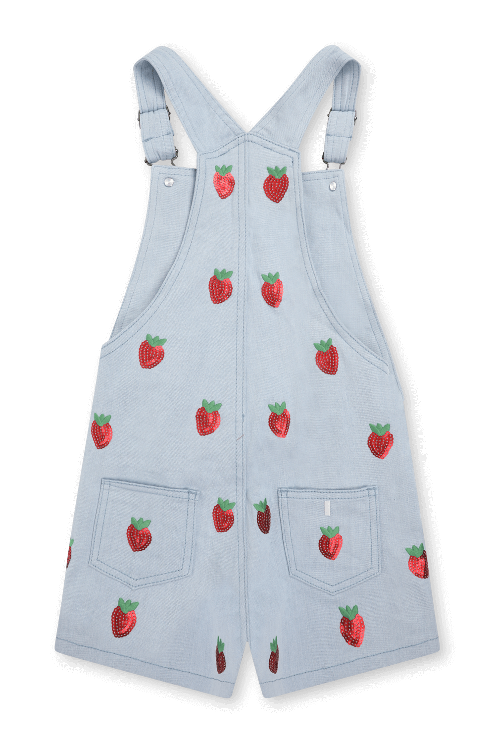 תמונה אחורית של גילאי 4-14 אוברול ג'ינס בהיר עם תותים רקומים