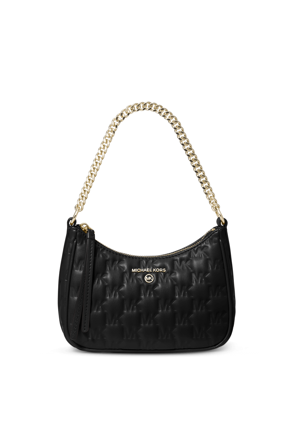 תמונה קידמית של תיק כתף שחור עם פרינט מונוגרמי מוטבע