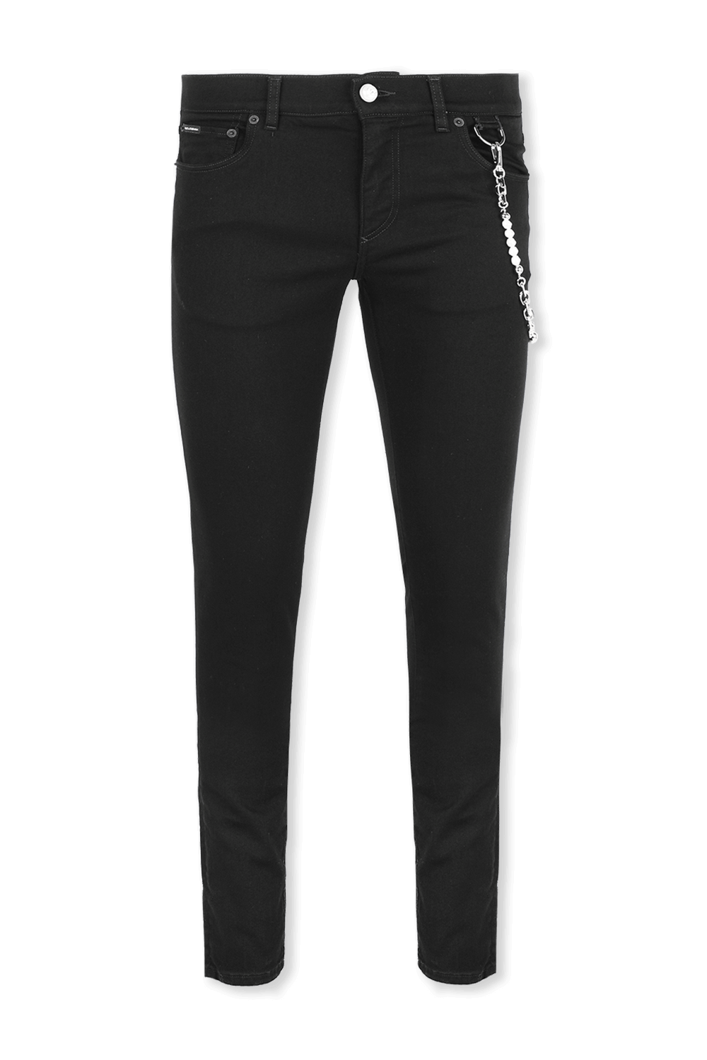 תמונה קידמית של מכנסיים בגזרת סקיני עם שרשרת כסופה בגוון שחור