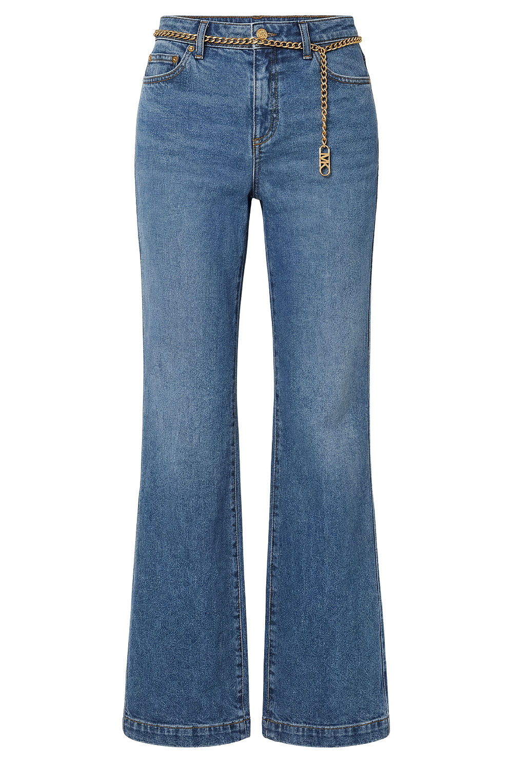 תמונה קידמית של מכנסי ג'ינס מתרחבים עם חגורת שרשרת