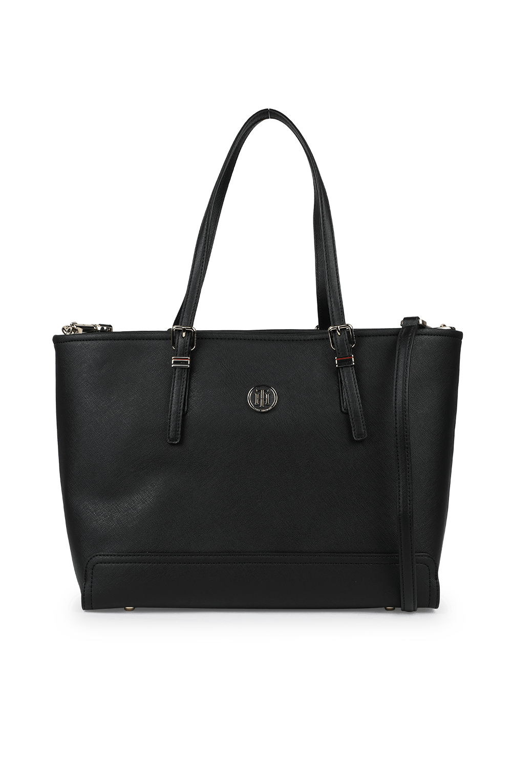 תמונה קידמית של תיק נשיאה שחור עם אלמנטים מטאליים