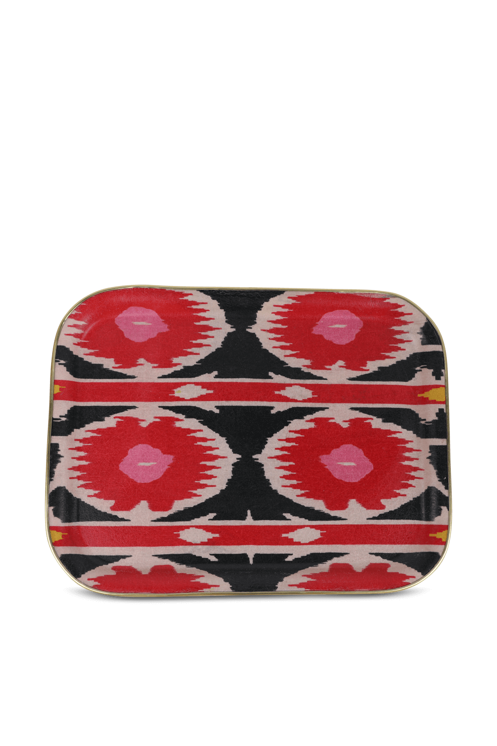 תמונה קידמית של מגש פייברגלאס עם הדפס גראפי בשחור ואדום