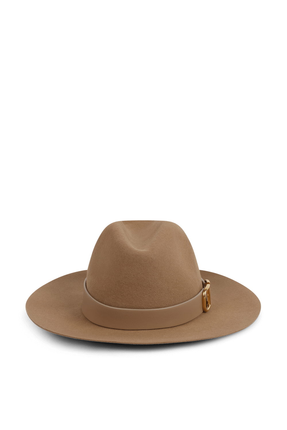 תמונה קידמית של כובע פדורה עם רצועת וי-לוגו