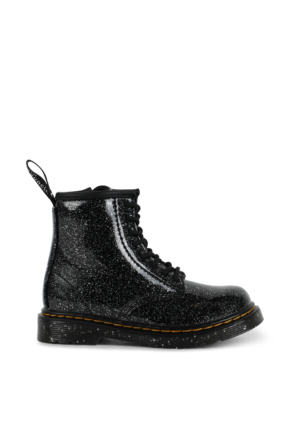 תמונה קידמית של מידות 22-27 מגפי עור קלאסיות בצבע שחור גלוסי עם נקודות לבנות