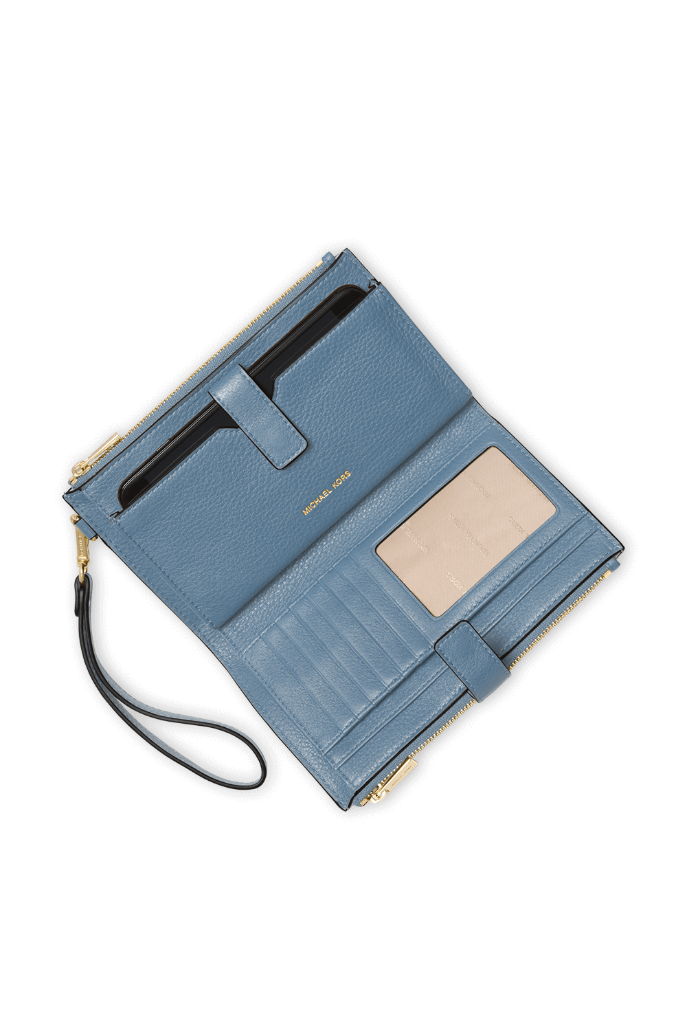 תמונת תקריב של ארנק מעור תכלת עם רצועת אחיזה