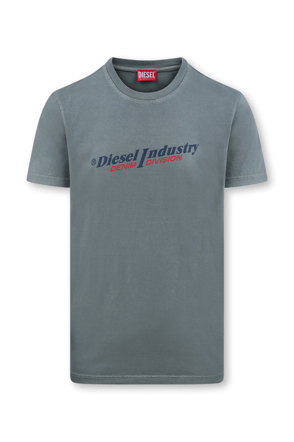 תמונה קידמית של טי-שירט כחולה עם הדפס לוגו אלכסוני