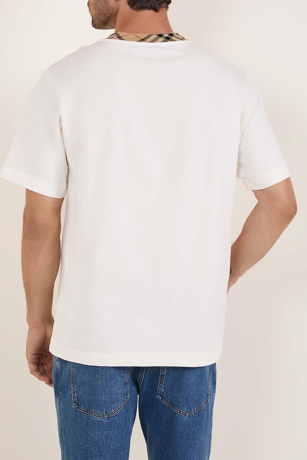 תמונת דוגמן אחורית של חולצת טי עם צווארון משבצות