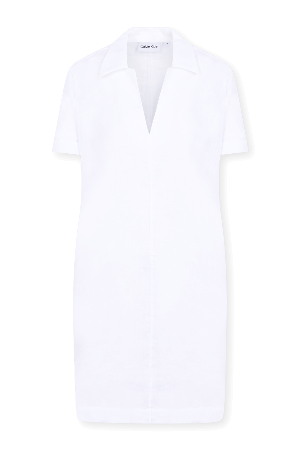 תמונה קידמית של שמלת מיני מפשתן עם צווארון וי