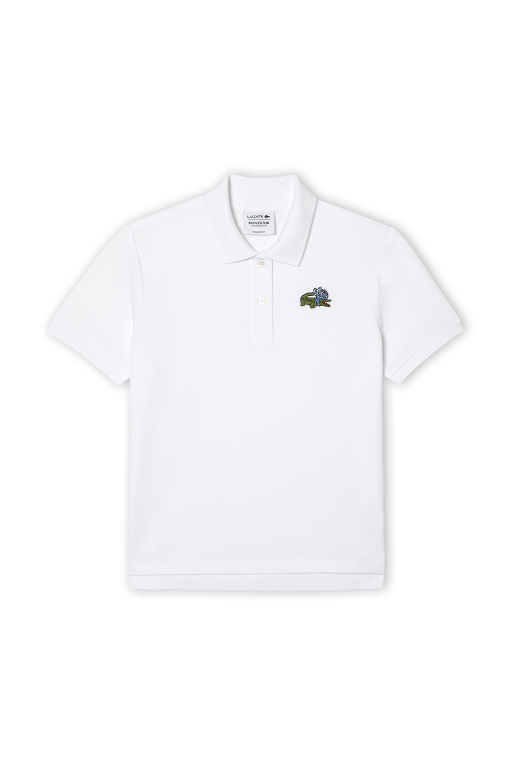 תמונה קידמית של לקוסט X נטפליקס חולצת פולו עם רקמה של קרוקודיל