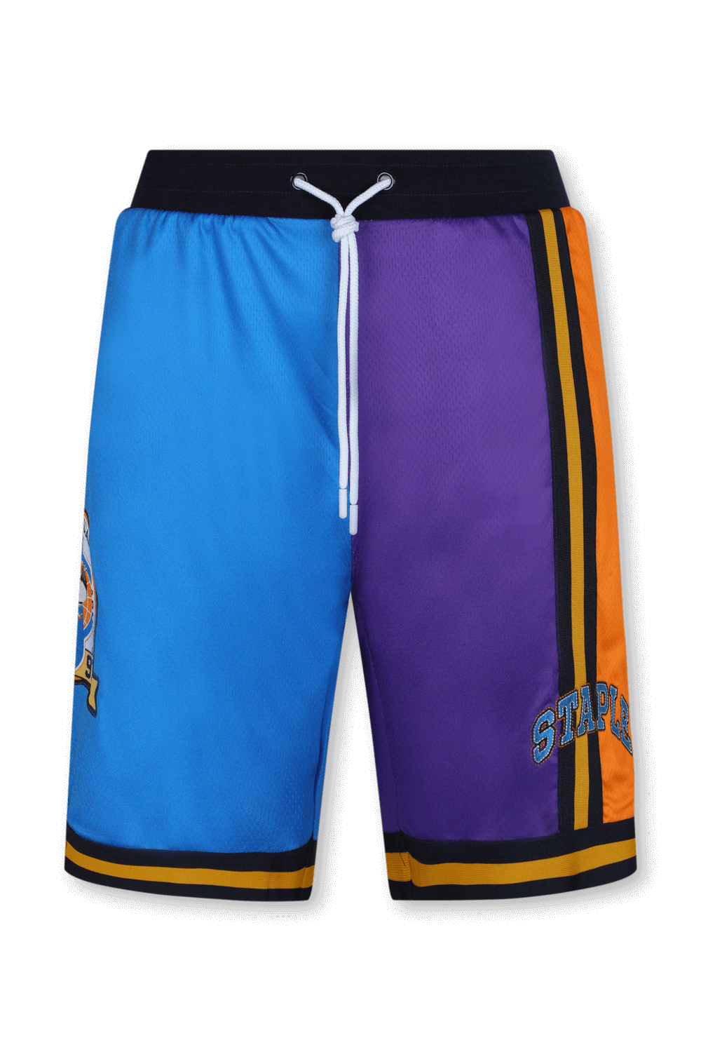 תמונה קידמית של מכנסי כדורסל כחולים עם לוגו רקום