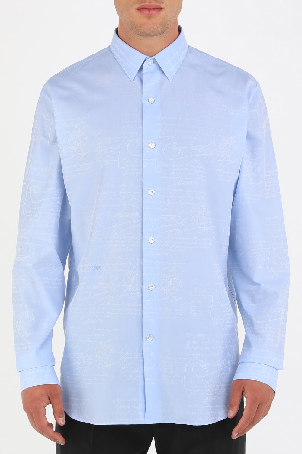 תמונת דוגמן קידמית של Caligraphic Print Button Down Shirt in Blue