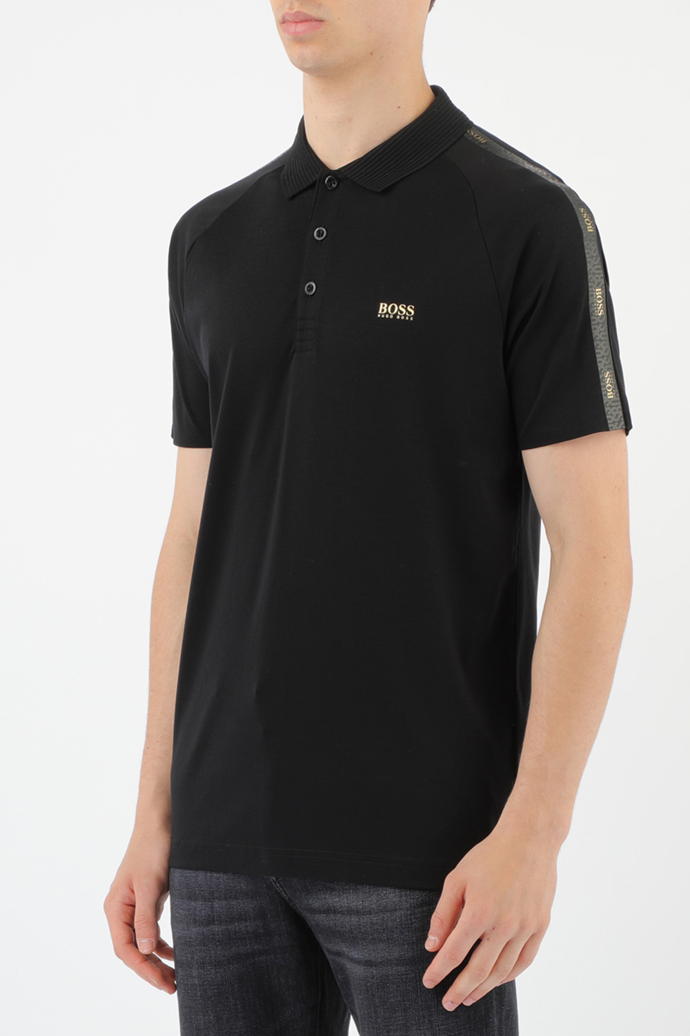 תמונת דוגמן קידמית של Gold Tone Logo Black Polo Shirt In A Slim Fit