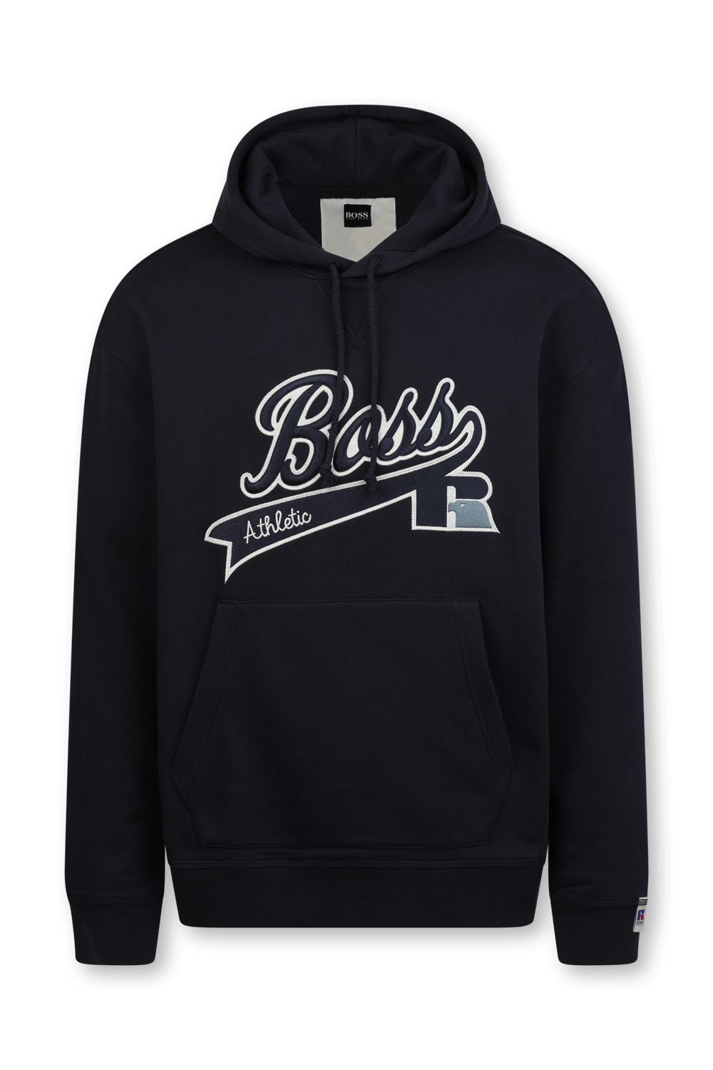 תמונה קידמית של בוס X ראסל אתלטיק סווטשירט ממותג עם קפוצ'ון בגוון כחול