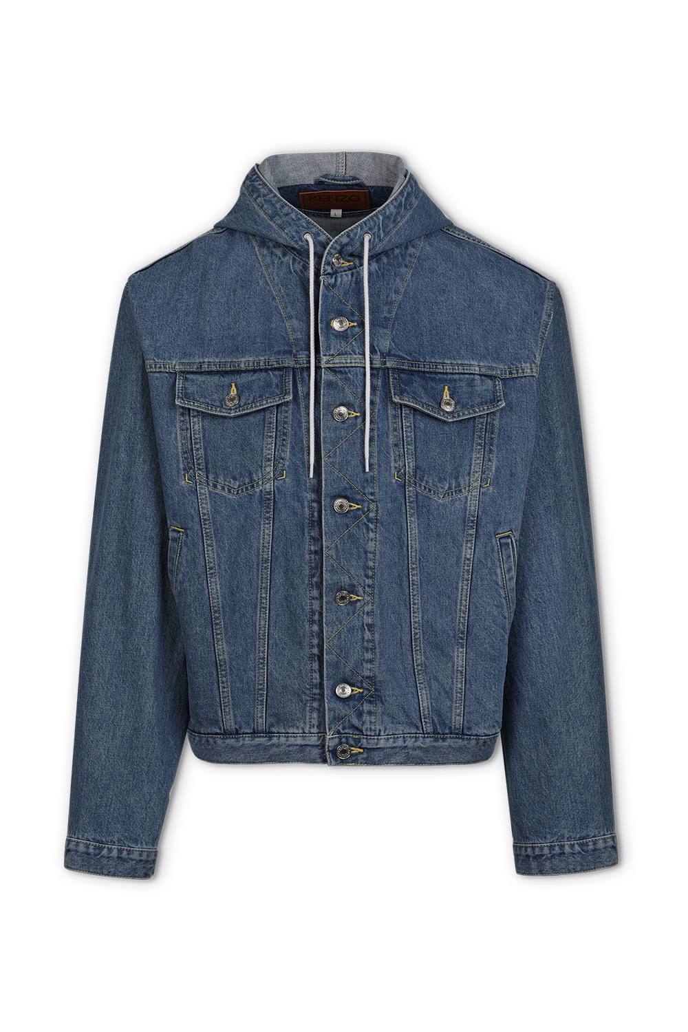 תמונה קידמית של ז'קט ג'ינס עם כובע ושרוכים