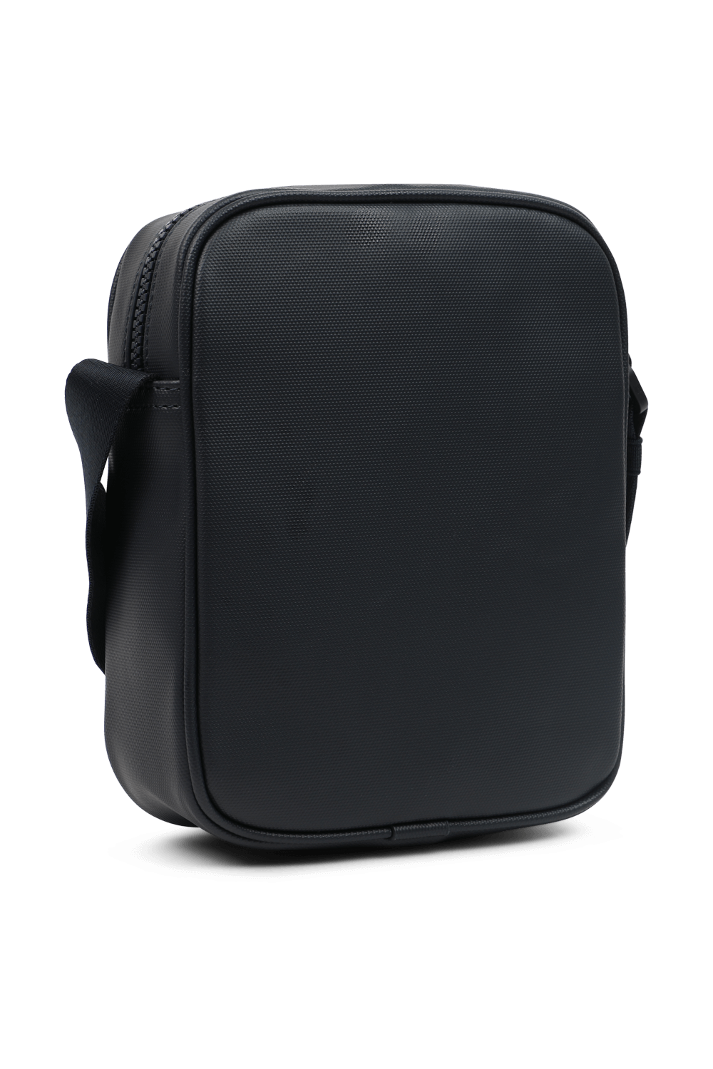 תמונה אחורית של תיק מלבני מרוכסן עם לוגו בגוון כחול כהה