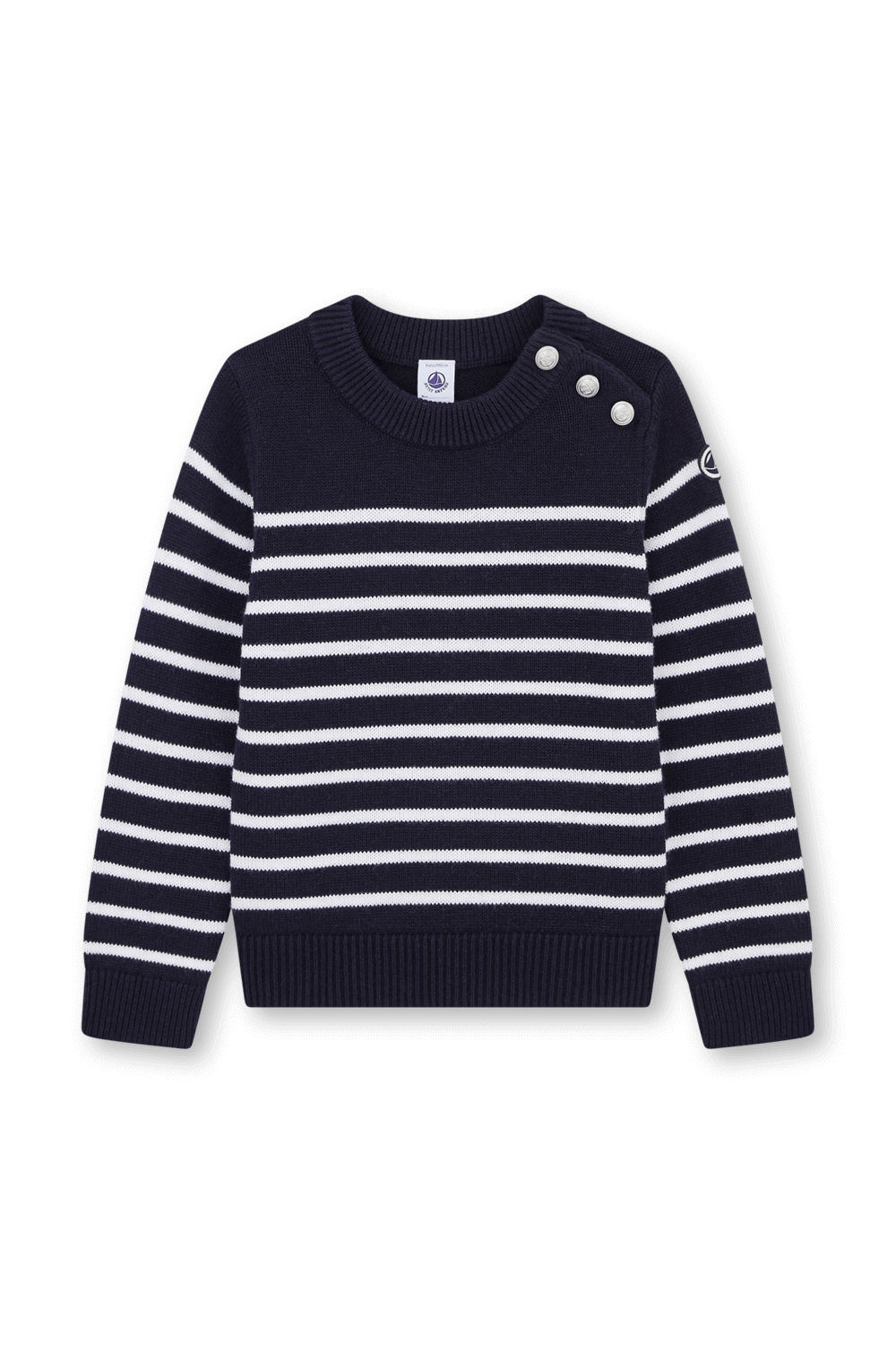 תמונה קידמית של גילאי 6-12 סוודר כחול עם וכפתורים