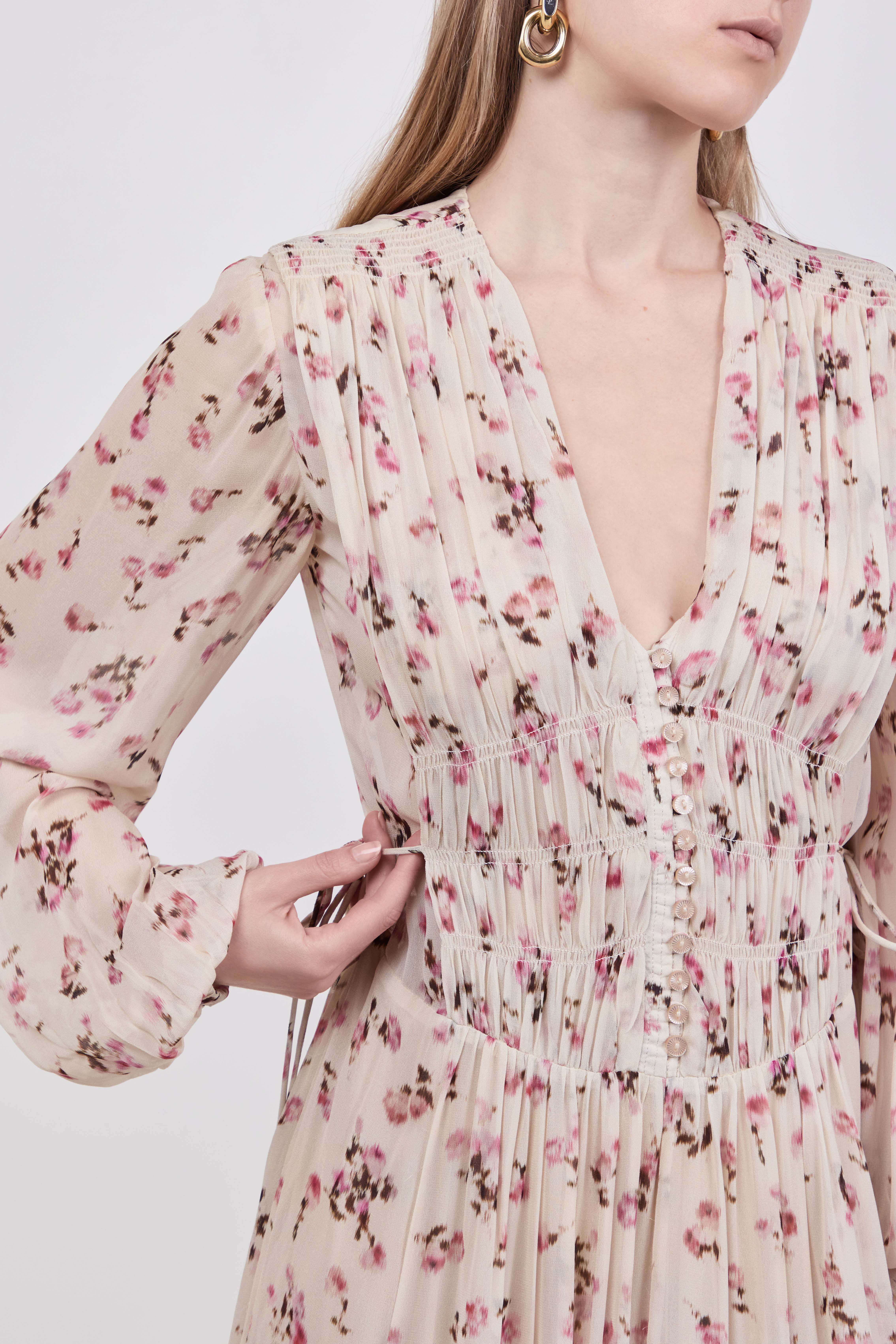 תמונת תקריב דוגמן של שמלת מקסי פרחונית